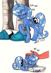 Size: 1071x1533 | Tagged: safe, artist:newyorkx3, princess luna, cat, human, g4, behaving like a cat, bowl, clothes, cute, filly, kitty luna, kitty woona, milk, pet, pony pet, s1 luna, slippers, snuggling, traditional art, woona