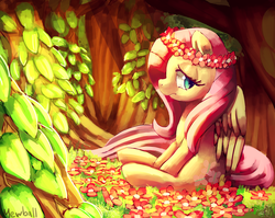 Size: 919x731 | Tagged: safe, artist:mewball, fluttershy, g4, female, floral head wreath, flower, forest, glowing, lonely, sad, sitting, solo