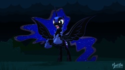 Size: 2560x1440 | Tagged: safe, artist:mysticalpha, nightmare moon, alicorn, pony, g4, female, helmet, legs in air, open mouth, rearing, solo, spread wings, wallpaper, wings