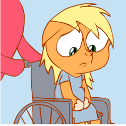 Size: 615x615 | Tagged: safe, artist:drewsdnr, applejack, earth pony, pony, .mov, g4, applejack (male), jappleack, rule 63, sad, unhapplejack, wheelchair