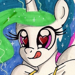 Size: 500x500 | Tagged: safe, artist:newyorkx3, princess celestia, anthro, g4, bust, female, heart, heart eyes, solo, tongue out, traditional art