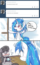 Size: 797x1284 | Tagged: safe, artist:hua, dj pon-3, octavia melody, vinyl scratch, earth pony, pony, unicorn, ask trolltavia, g4, ask, bipedal, blood, blushing, camera, door, female, lesbian, nosebleed, ship:scratchtavia, shipping, wet, wet mane