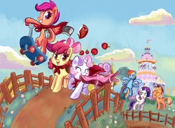 Size: 5359x3894 | Tagged: safe, artist:pridark, apple bloom, applejack, rainbow dash, rarity, scootaloo, sweetie belle, earth pony, pegasus, pony, unicorn, g4, apple, apple bloom's bow, applejack's hat, blushing, book, bow, cape, carousel boutique, clothes, cloud, cmc cape, cowboy hat, cutie mark crusaders, eyes closed, facehoof, female, fence, filly, flower, flying, foal, food, hair bow, hat, house, mare, open mouth, raised hoof, running, scooter, siblings, signature, sky, smiling, spread wings, wings
