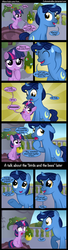 Size: 1000x3650 | Tagged: safe, artist:coltsteelstallion, night light, twilight sparkle, pony, unicorn, g4, blush sticker, blushing, comic, father and child, father and daughter, female, filly, filly twilight sparkle, goodbye fillyhood, horrified, male, reacting to nudity, sex education, stallion, the birds and the bees, the talk, tower of pimps, unicorn twilight, younger