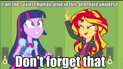 Size: 600x339 | Tagged: safe, sunset shimmer, twilight sparkle, equestria girls, g4, my little pony equestria girls, image macro, sexiest pony alive