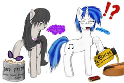 Size: 1200x800 | Tagged: safe, artist:hewhoerasesmost, dj pon-3, octavia melody, vinyl scratch, g4, duo, gasoline