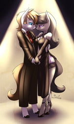 Size: 750x1250 | Tagged: safe, artist:siden, octavia melody, oc, anthro, unguligrade anthro, g4, cleavage, clothes, dancing, dress, female, hooves, romantic, stockings