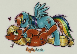 Size: 802x564 | Tagged: safe, artist:shadettaja, applejack, rainbow dash, g4, female, lesbian, on back, ship:appledash, shipping