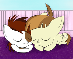 Size: 768x624 | Tagged: safe, artist:s-laughtur, featherweight, pipsqueak, g4, cute, duo, gay, male, ship:feathersqueak, shipping, sleeping, snuggling