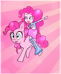 Size: 512x612 | Tagged: dead source, safe, artist:flarities, pinkie pie, earth pony, human, pony, equestria girls, g4, cute, funny, human ponidox, humans riding ponies, riding, self ponidox, self riding, sunburst background