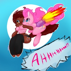 Size: 1024x1024 | Tagged: safe, artist:kikiluv, pinkie pie, oc, g4, crying, duo, flying, furry, leg warmers, moon, rocket, screaming, tongue out