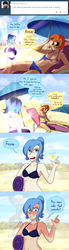 Size: 1280x4671 | Tagged: safe, artist:7nights, princess luna, spitfire, human, ask human luna, g4, beach, belly button, bikini, clothes, comic, humanized, magic, s1 luna, sunburn, sunglasses, swimsuit, tumblr