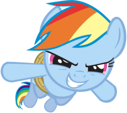 Size: 4940x4377 | Tagged: safe, artist:alltoasters, rainbow dash, pegasus, pony, fall weather friends, g4, season 1, absurd resolution, female, grin, mare, rainbond dash, rope, simple background, smiling, solo, tied up, transparent background, vector