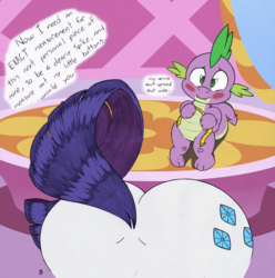 Size: 997x1005 | Tagged: safe, artist:hazama, artist:joey darkmeat, rarity, spike, pony, unicorn, g4, blushing, butt, colored, dialogue, eyes on the prize, female, looking at butt, male, measuring tape, plot, rearity, ship:sparity, shipping, straight, wide hips