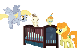 Size: 8329x5251 | Tagged: safe, artist:shadyhorseman, carrot top, derpy hooves, golden harvest, pound cake, pumpkin cake, earth pony, pegasus, pony, g4, absurd resolution, baby, baby pony, crib, female, mare, simple background, transparent background