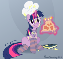 Size: 628x589 | Tagged: safe, artist:brianblackberry, twilight sparkle, pony, unicorn, g4, adorkable, book, cake, candle, chef's hat, clothes, cooking, cute, dork, female, food, hat, hnnng, looking at you, magic, mare, messy, sitting, smiling, socks, solo, striped socks, telekinesis, twiabetes, unicorn twilight, you tried