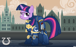 Size: 1440x900 | Tagged: safe, artist:a4r91n, twilight sparkle, g4, 42, crossover, female, power armor, powered exoskeleton, purity seal, solo, space marine, ultramarine, wallpaper, warhammer (game), warhammer 40k, your spiritual liege