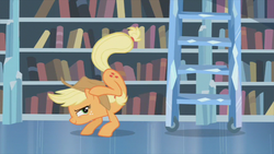 Size: 853x480 | Tagged: safe, screencap, applejack, g4, season 3, the crystal empire, buck, bucking, female, great moments in animation, kick, kicking, ladder, solo