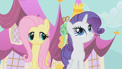 Size: 853x480 | Tagged: safe, screencap, fluttershy, rarity, pegasus, pony, unicorn, g4, green isn't your color, duo