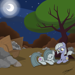 Size: 2000x2000 | Tagged: safe, artist:gearholder, limestone pie, marble pie, g4, moon, rock farm, sleeping