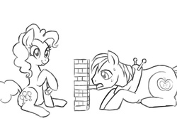 Size: 900x700 | Tagged: artist needed, dead source, safe, big macintosh, pinkie pie, earth pony, pony, g4, andrea libman, drawfag, everfree northwest, jenga, male, monochrome, peter new, scene interpretation, stallion, voice actor joke