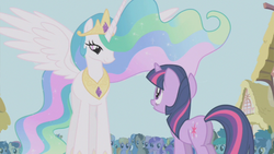 Size: 853x480 | Tagged: safe, screencap, princess celestia, twilight sparkle, alicorn, pony, unicorn, friendship is magic, g4, butt, female, mare, plot