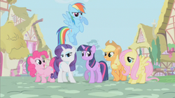 Size: 853x480 | Tagged: safe, screencap, applejack, fluttershy, pinkie pie, rainbow dash, rarity, twilight sparkle, unicorn, friendship is magic, g4, female, intro, opening, ponyville, unicorn twilight