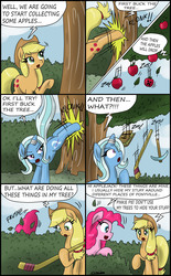 Size: 1920x3090 | Tagged: safe, artist:ciriliko, applejack, pinkie pie, trixie, earth pony, pony, unicorn, g4, apple, apple/apples falling, applebucking, applejack mid tree-buck facing the left with 3 apples falling down, applejack mid tree-buck with 3 apples falling down, applejack's hat, book, butt, comic, cowboy hat, creeper, falling, female, food, frush, hat, hockey stick, mare, pickaxe, pinkie being pinkie, plot, raised hoof, the great and powerful ass, tree, zas