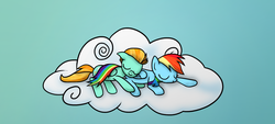 Size: 1328x601 | Tagged: safe, artist:10art1, lightning dust, rainbow dash, g4, cloud, sleeping