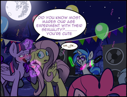 Size: 810x619 | Tagged: safe, artist:pippy, dj pon-3, fluttershy, pinkie pie, twilight sparkle, vinyl scratch, alicorn, pony, pinkiepieskitchen, g4, balloon, blushing, coming on, dark, dialogue, drunk, drunk twilight, female, flirting, glowstick, lesbian, mare, night, party, rave, ship:twishy, shipping, twilight sparkle (alicorn)