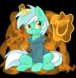 Size: 884x904 | Tagged: dead source, safe, artist:ambris, artist:djslit, lyra heartstrings, pony, unicorn, fanfic:background pony, g4, clothes, female, hoodie, lyre, musical instrument, solo