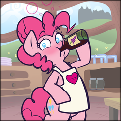 Size: 810x810 | Tagged: safe, artist:pippy, pinkie pie, pinkiepieskitchen, g4, alcohol, bottle, female, solo, wine