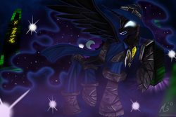 Size: 1000x669 | Tagged: safe, artist:ciscoql, nightmare moon, g4, armor, clothes, crossover, female, hat, league of legends, open mouth, raised hoof, sharp teeth, smiling, solo, spread wings, veigar