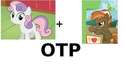 Size: 1024x563 | Tagged: safe, button mash, sweetie belle, earth pony, unicorn, g4, colt, exploitable meme, female, filly, foal, hat, horn, male, otp, propeller hat, ship:sweetiemash, shipping, straight