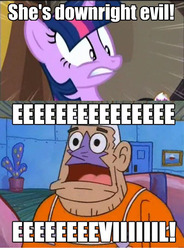 Size: 500x680 | Tagged: safe, edit, edited screencap, screencap, twilight sparkle, g4, caption, evil, hub logo, image macro, mermaid man, mermaid man and barnacle boy, spongebob squarepants