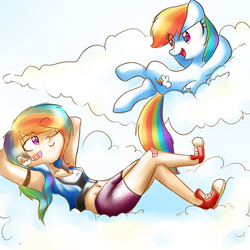 Size: 1024x1024 | Tagged: safe, artist:cosmicponye, rainbow dash, human, pegasus, pony, g4, bandaid, belly button, clothes, cloud, compression shorts, converse, human ponidox, humanized, midriff, on back, shoes