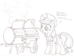 Size: 1024x771 | Tagged: dead source, safe, artist:gigatronsama, applejack, g4, apron, barbeque, clothes, female, grill, lineart, monochrome, mouth hold, ponies eating meat, ribs, ribs (food), solo