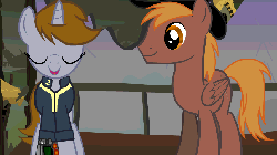 Size: 854x480 | Tagged: safe, artist:teschke, oc, oc only, oc:calamity, oc:littlepip, pegasus, pony, unicorn, fallout equestria, animated, clothes, fallout, fanfic, fanfic art, female, gif, hat, horn, jumpsuit, male, mare, pipboy, pipbuck, show accurate, stallion, vault suit, wings