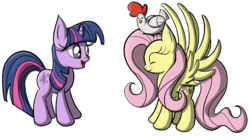 Size: 2201x1236 | Tagged: safe, artist:nedemai, fluttershy, twilight sparkle, chicken, pegasus, pony, unicorn, g4, on head, simple background, sitting on head, smiling, transparent background, unicorn twilight