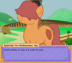 Size: 649x563 | Tagged: safe, screencap, oc, oc only, oc:spud, legends of equestria, npc, solo, spudnickus von winklehammer