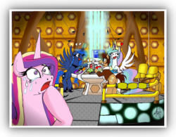 Size: 3811x2971 | Tagged: safe, artist:egstudiomexico, doctor whooves, princess cadance, princess celestia, princess luna, time turner, earth pony, pony, g4, doctor who, fanfic, female, male, mare, ponified, stallion, sweat, tardis, tardis console room, tardis control room, tenth doctor, the doctor