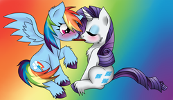 Size: 1989x1150 | Tagged: safe, artist:zeldacourage, rainbow dash, rarity, g4, blushing, female, fluffy, lesbian, pocky, ship:raridash, shipping, unshorn fetlocks, wingboner