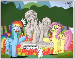 Size: 2631x2087 | Tagged: safe, artist:egstudiomexico, angel bunny, fluttershy, posey, rainbow dash, pegasus, pony, rabbit, fanfic:the strange paradox of applejack, g1, g4, animal, crying, fanfic, female, g1 to g4, generation leap, harsher in hindsight, statue