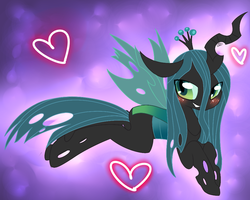 Size: 1000x800 | Tagged: safe, artist:yolobutt, queen chrysalis, changeling, changeling queen, g4, blushing, crown, female, heart, jewelry, regalia, smiling, solo