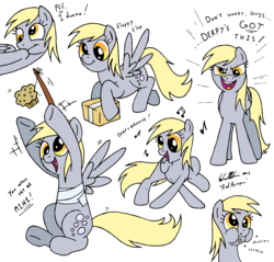 Size: 2550x2438 | Tagged: safe, artist:redapropos, derpy hooves, pegasus, pony, g4, action pose, box, carrot on a stick, dancing, eating, female, mare, muffin, simple background, sketch dump, solo, transparent background