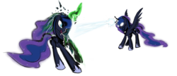 Size: 3000x1291 | Tagged: source needed, safe, artist:spacehunt, princess luna, queen chrysalis, alicorn, changeling, changeling queen, pony, g4, canterlot castle, duel, female, rage, trick