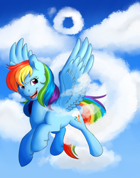 Size: 900x1145 | Tagged: safe, artist:roolosdoodleden, rainbow dash, g4, cloud, cloudy, female, flying, solo