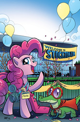 Size: 800x1215 | Tagged: safe, artist:tonyfleecs, idw, gummy, pinkie pie, g4, balloon, camera, clothes, comic cover, convention, costume, cover, stockton-con