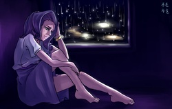 Size: 2000x1261 | Tagged: safe, artist:mrs1989, rarity, human, g4, barefoot, bracelet, feet, female, humanized, rain, sad, sitting, solo, window