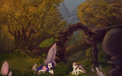 Size: 1500x933 | Tagged: safe, artist:saint-juniper, rarity, sweetie belle, pony, unicorn, g4, clothes, crystal, detailed, dress, female, forest, glasses, mare, mountain, scenery, scenery porn, tree, water